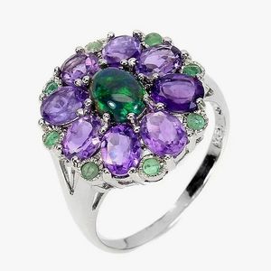 Natural Oval Black Opal 7x5mm, Amethyst Emerald 925 Sterling Silver Ring Sz 7.75